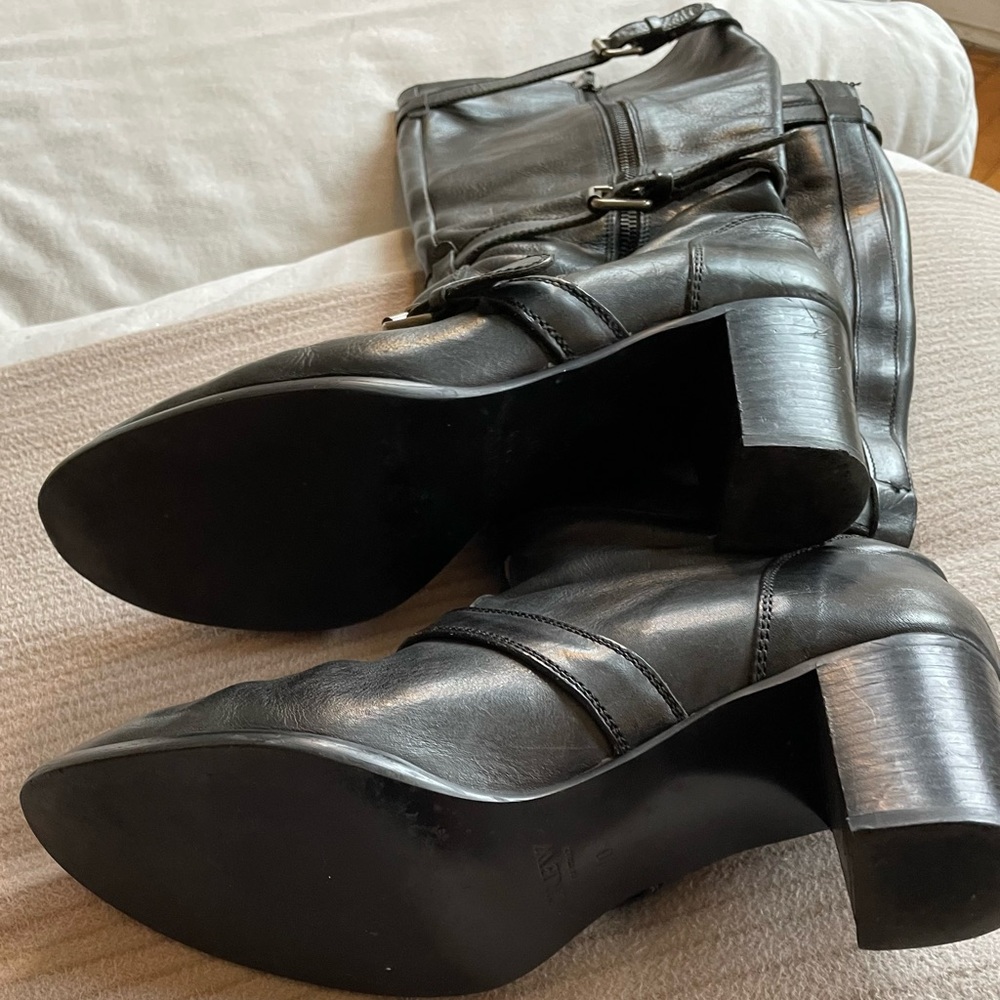 J Crew (faded) black leather women’s motorcycle boots.